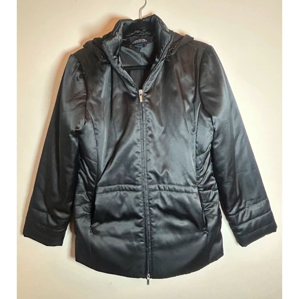Jones New York Signature Black Satin Primaloft Puffer Jacket Removable Hood M